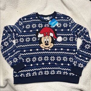Disney Women's Festive Navy Polar Fleece Sweater with Minnie Mouse